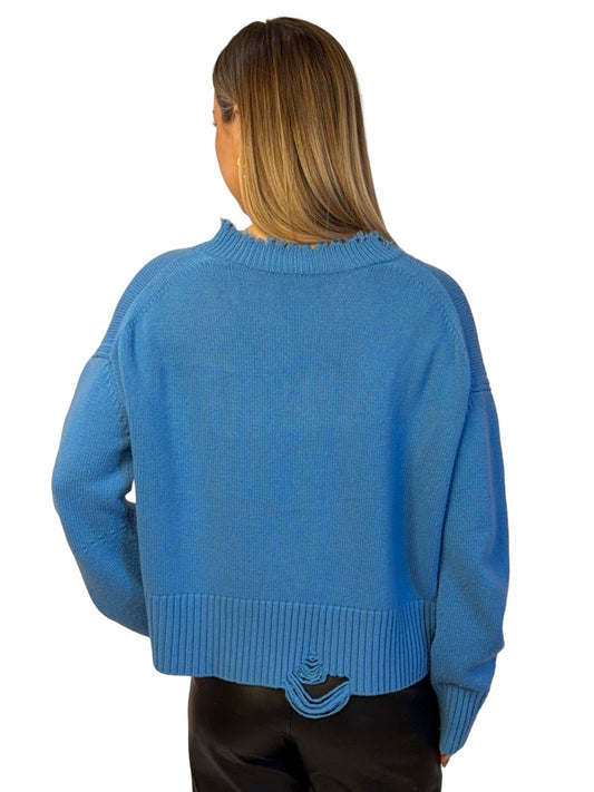 Helmut Lang Blue Wool Cropped Knit Distressed Sweater. Size: M