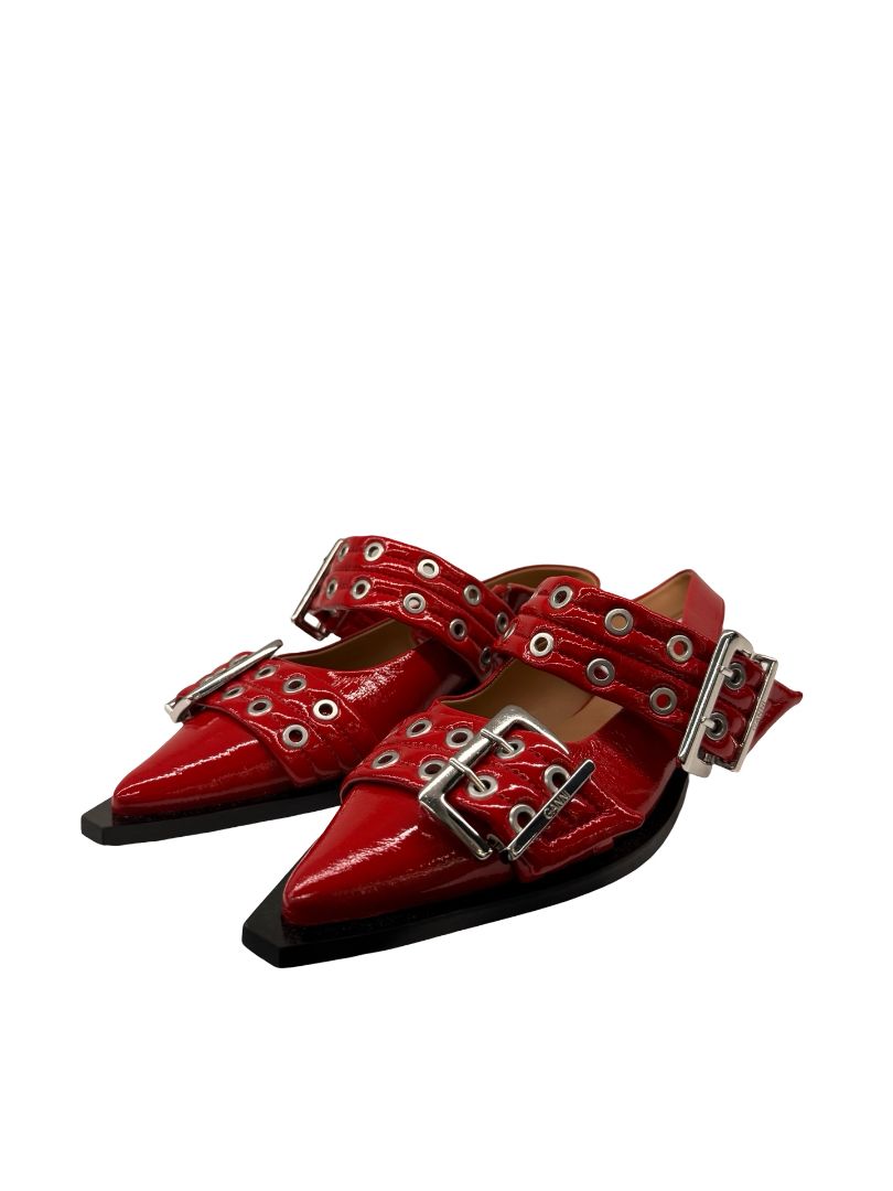 Ganni Red 'Feminine Buckle Ballerina' Flats. Size: 40