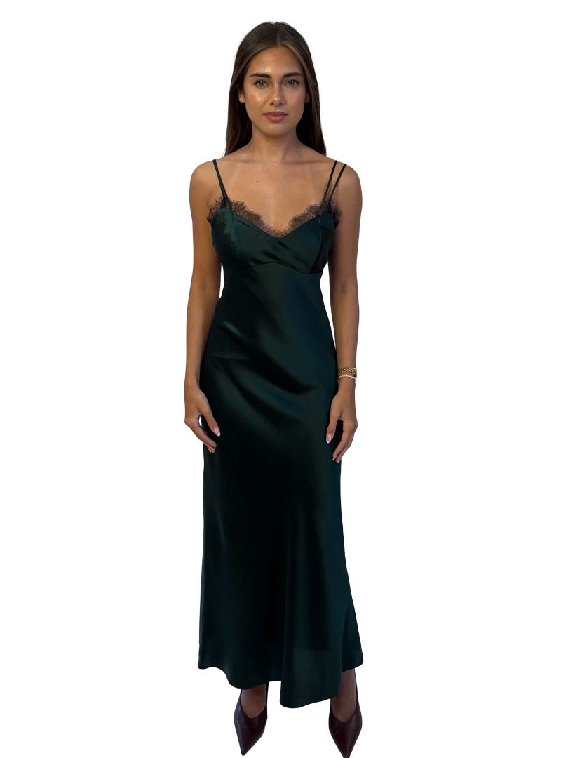 Veronica Beard Dark Green Silk Slip Dress W Lace. Size: 4US
