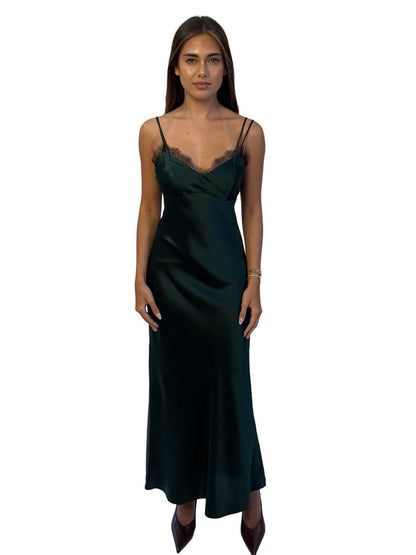 Veronica Beard Dark Green Silk Slip Dress W Lace. Size: 4US