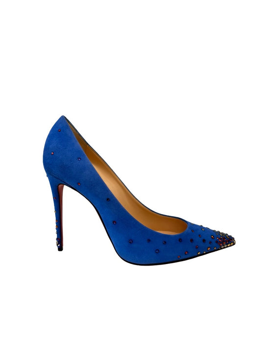 Christian Louboutin Blue Suede 'Degrastrass 100mm Crystal Heels. Size: 40