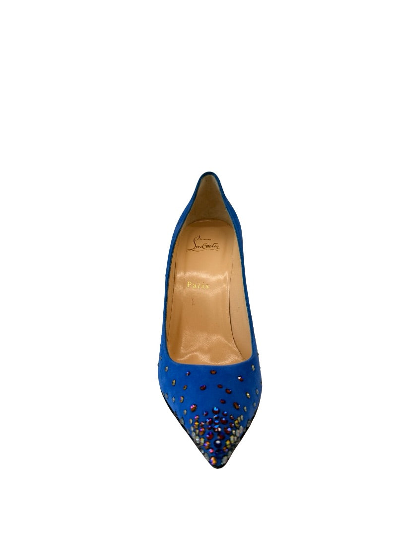 Christian Louboutin Blue Suede 'Degrastrass 100mm Crystal Heels. Size: 40