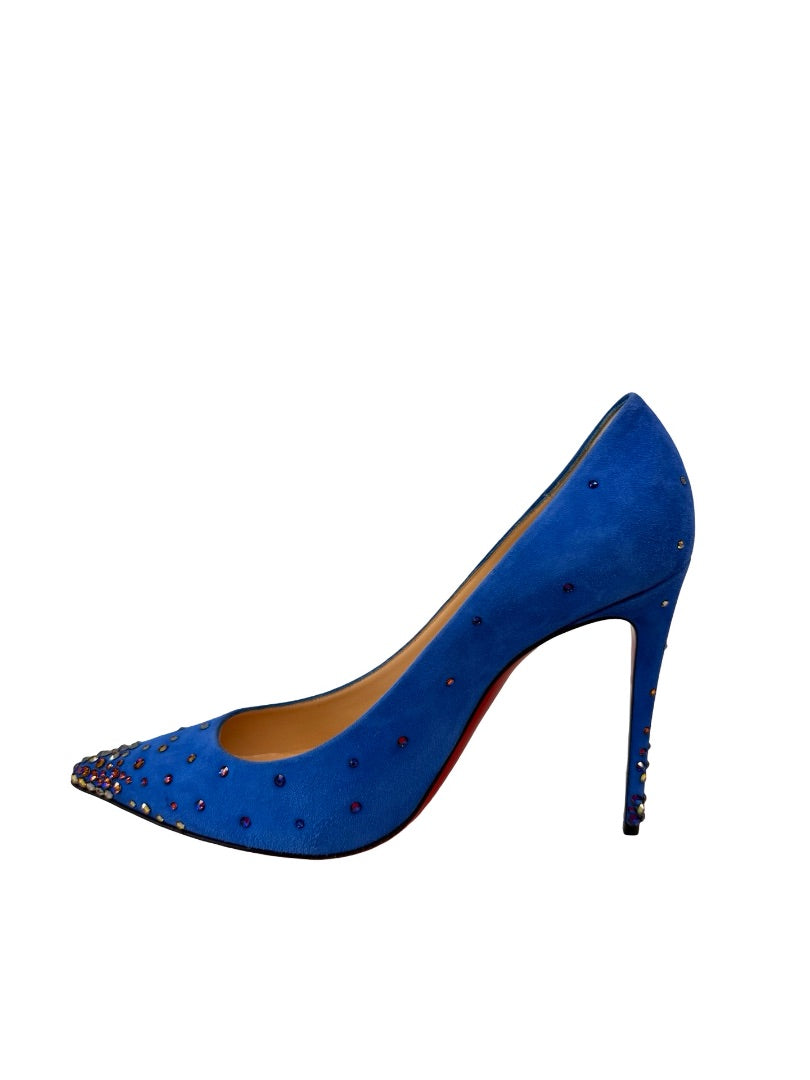 Christian Louboutin Blue Suede 'Degrastrass 100mm Crystal Heels. Size: 40