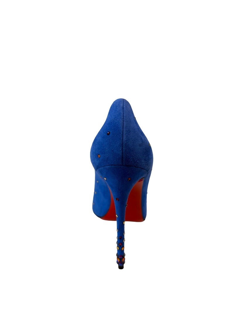 Christian Louboutin Blue Suede 'Degrastrass 100mm Crystal Heels. Size: 40