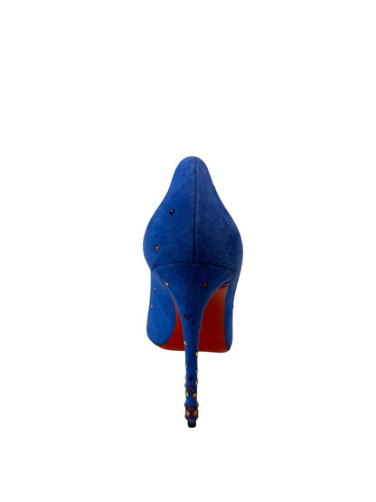 Christian Louboutin Blue Suede 'Degrastrass 100mm Crystal Heels. Size: 40