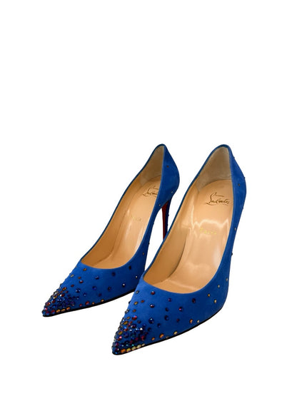 Christian Louboutin Blue Suede 'Degrastrass 100mm Crystal Heels. Size: 40