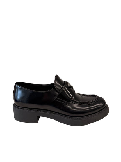 Prada Black Brushed Leather Triangle Logo Loafers. Size: 39