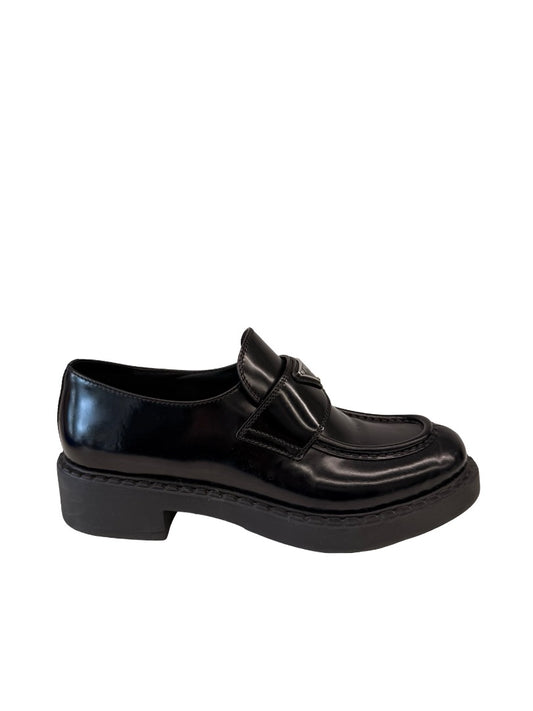 Prada Black Brushed Leather Triangle Logo Loafers. Size: 39