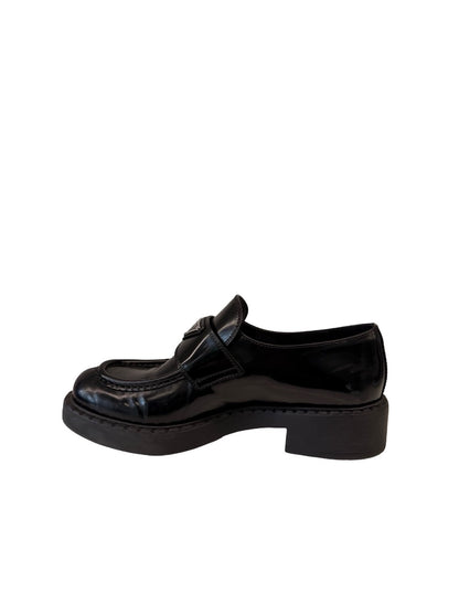 Prada Black Brushed Leather Triangle Logo Loafers. Size: 39