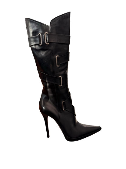 Casadei Black Strappy Knee High Stiletto Boots. Size: 9.5