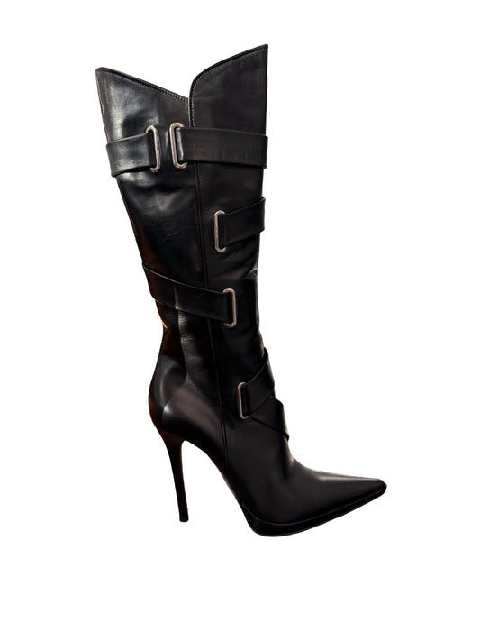 Casadei Black Strappy Knee High Stiletto Boots. Size: 9.5