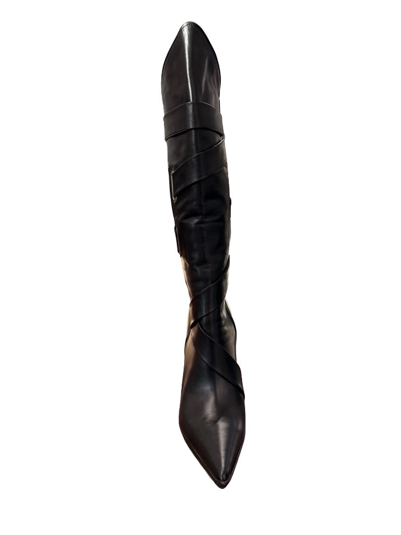 Casadei Black Strappy Knee High Stiletto Boots. Size: 9.5