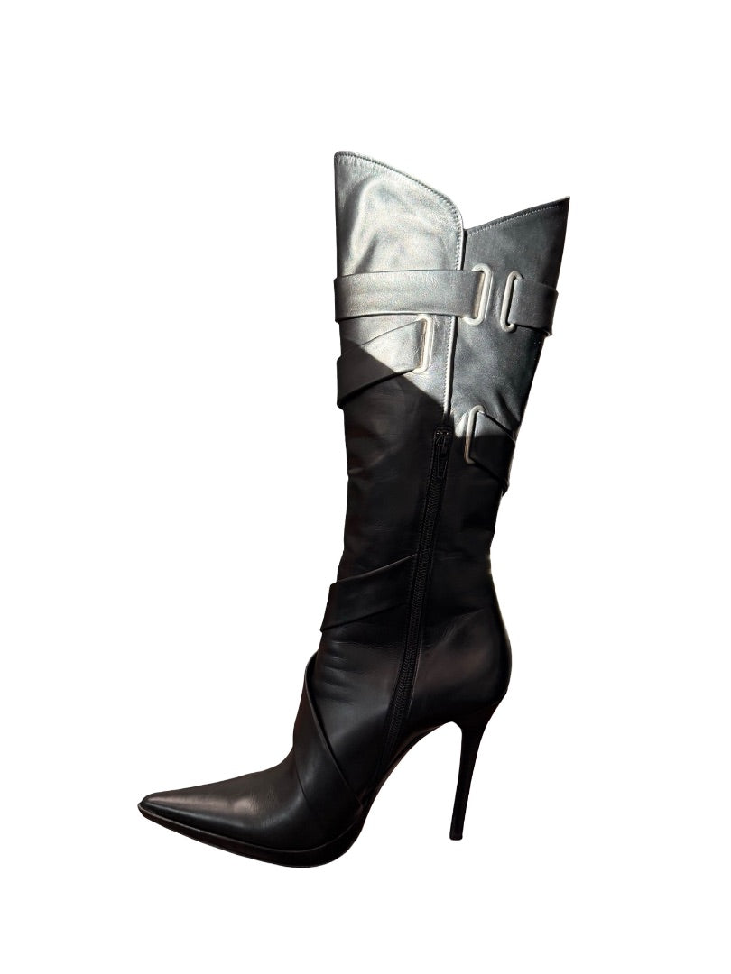 Casadei Black Strappy Knee High Stiletto Boots. Size: 9.5