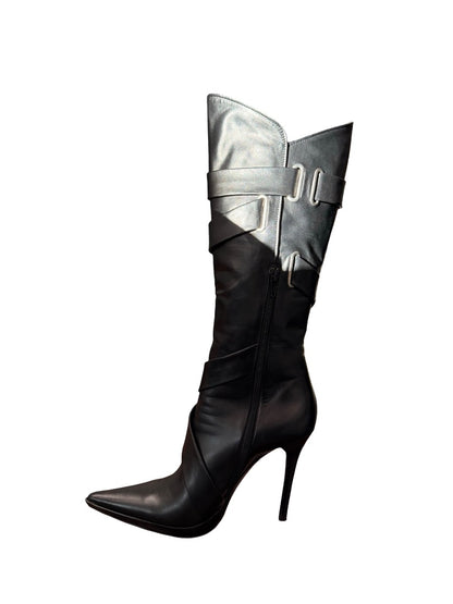 Casadei Black Strappy Knee High Stiletto Boots. Size: 9.5