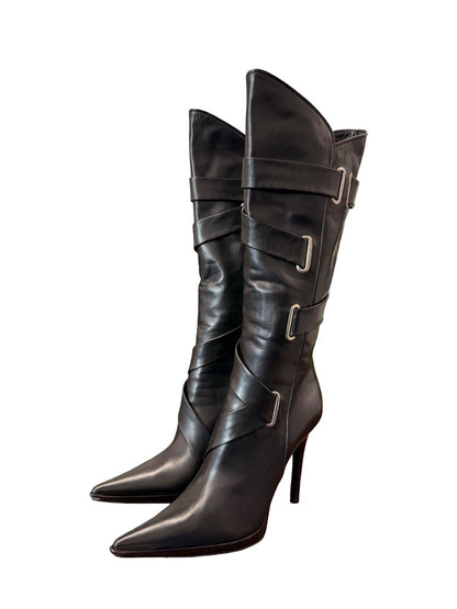 Casadei Black Strappy Knee High Stiletto Boots. Size: 9.5