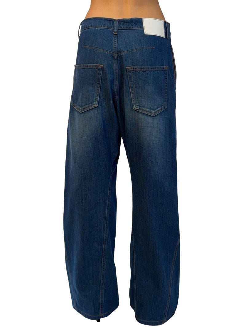 Bassike Blue Panelled Curved Leg Jean. Size: 29