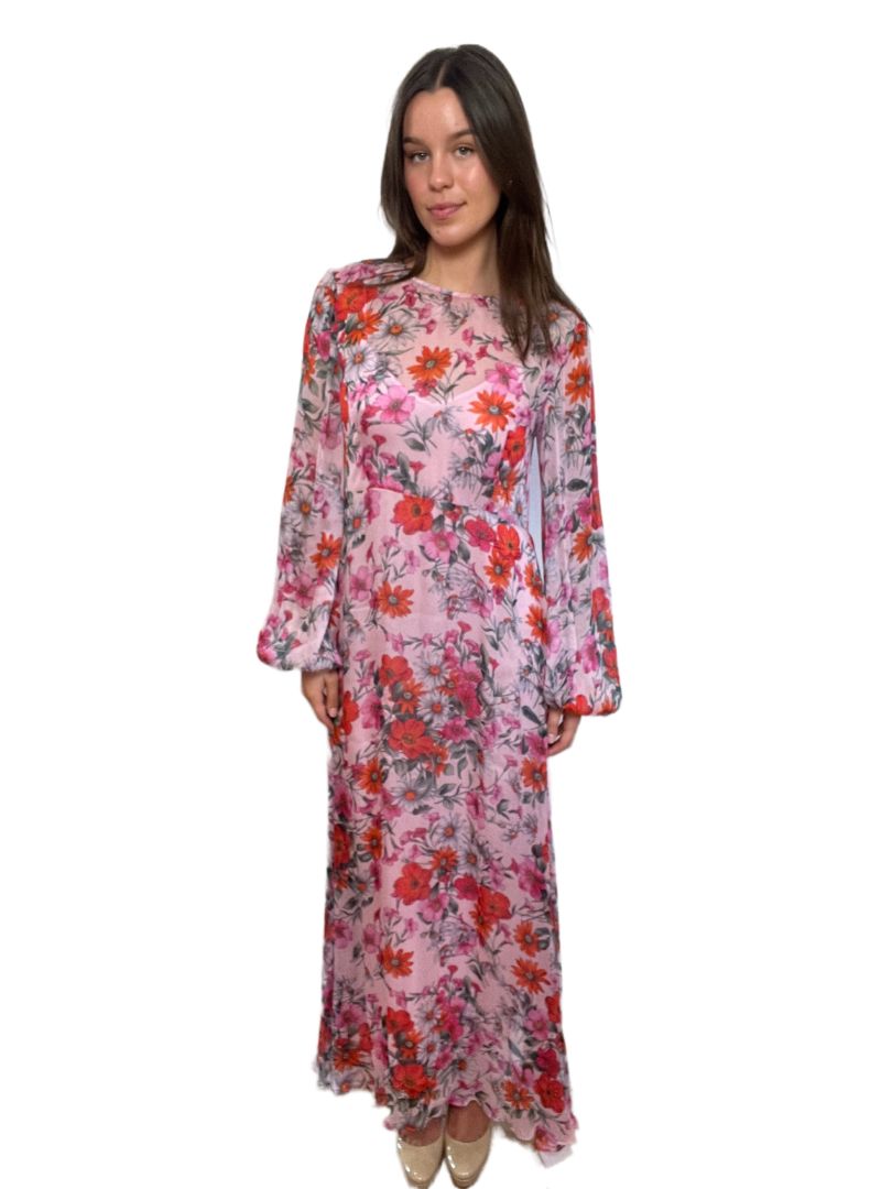 Scanlan Theodore Red & Pink Floral Long Sleeve Maxi w Slip. Size: 8