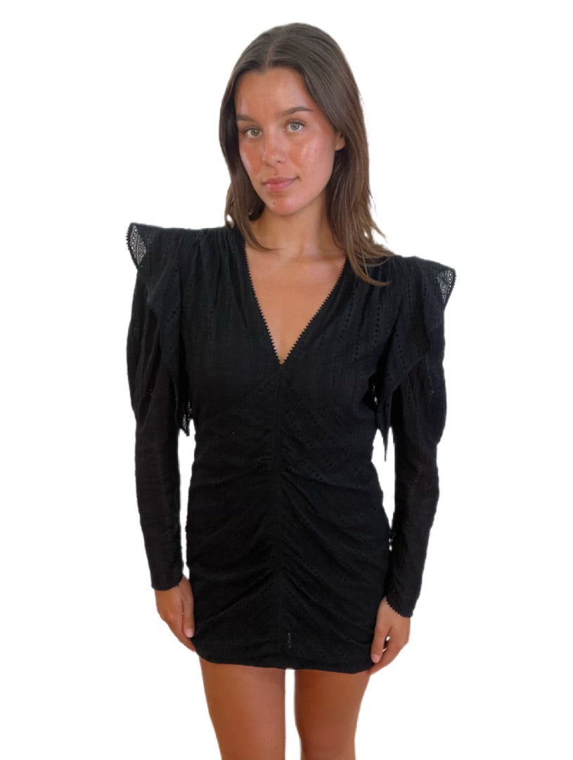 Isabel Marant Black V Neck Long Sleeve Dress w Gathering & Frills. Size: 40