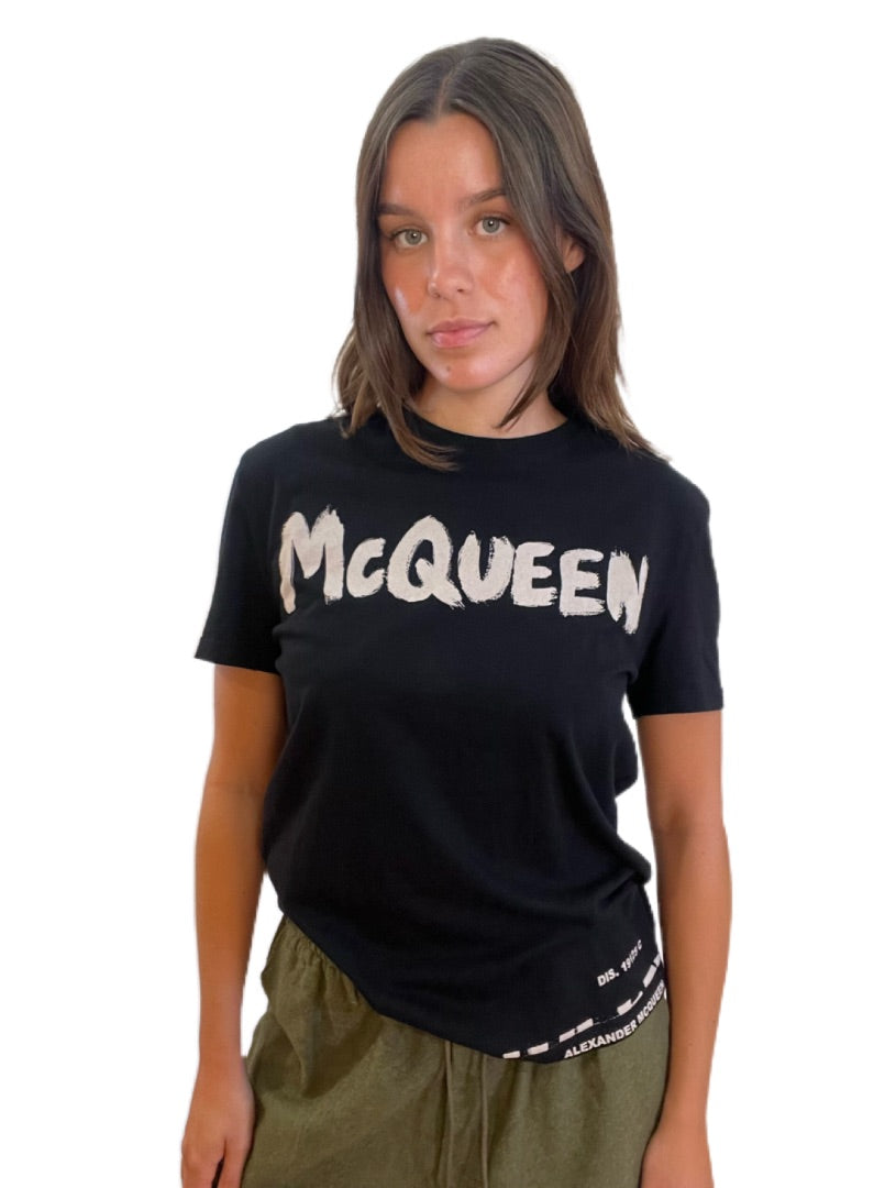 Alexander McQueen Black Brush Stroke Logo T-shirt. Size: S