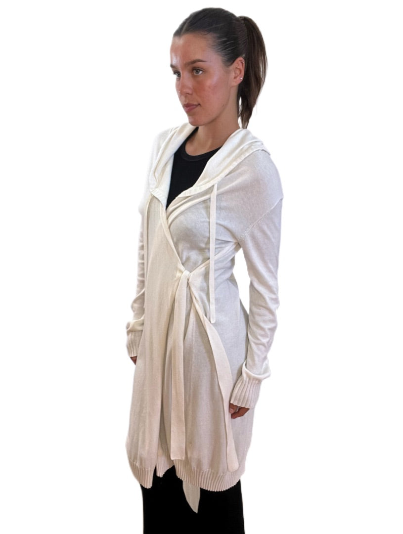 Recline Cream Cashmere Long Cardigan with Hood. Size: M