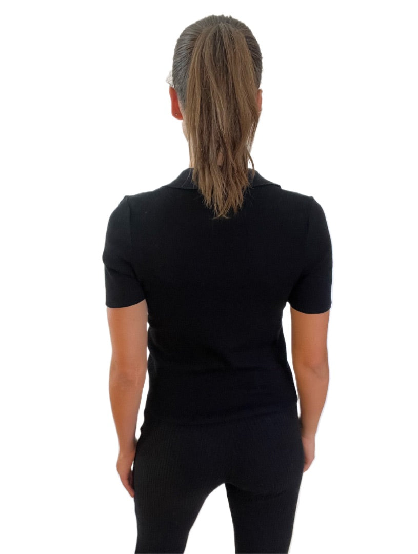 Alexander Wang Black Ribbed Polo With Diamond Collar Details. Size: S/M