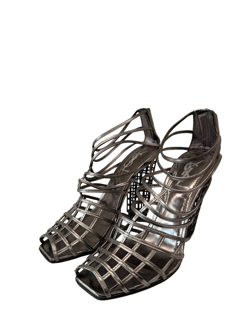 Yves Saint Laurent Silver Leather Cage Block Heel. Size: 39