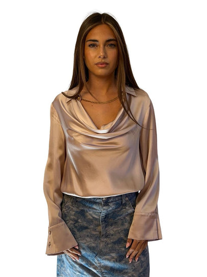 Husk Champagne Cowl Neck Silk Shirt W Necklace Detail. Size: 10