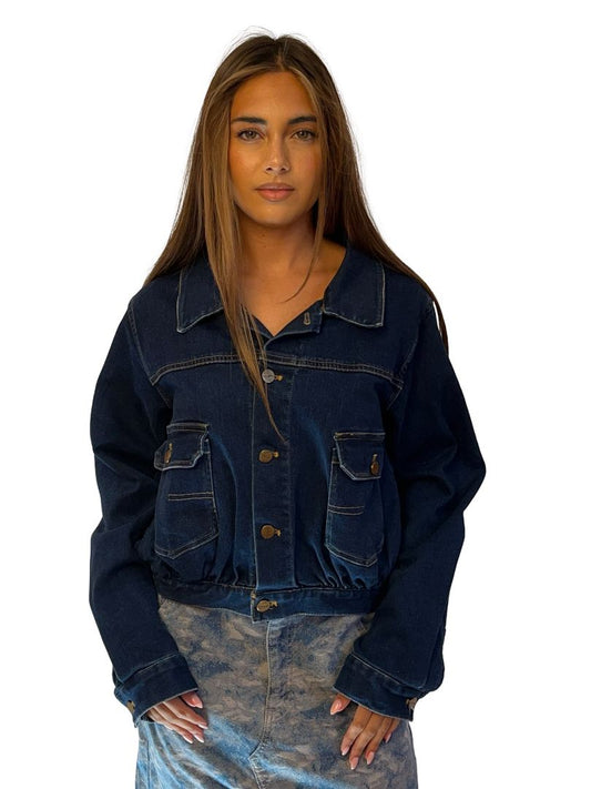 Flannel Dark Blue Gathered Denim Jacket. Size: 1