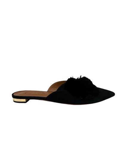 Aquazzura Black Suede 'Powder Puff Pom Pom' Mules. Size: 37