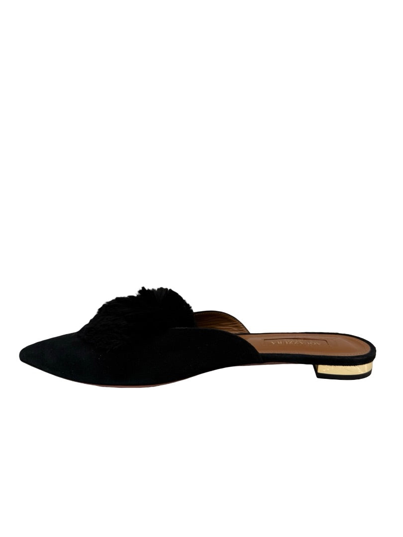 Aquazzura Black Suede 'Powder Puff Pom Pom' Mules. Size: 37