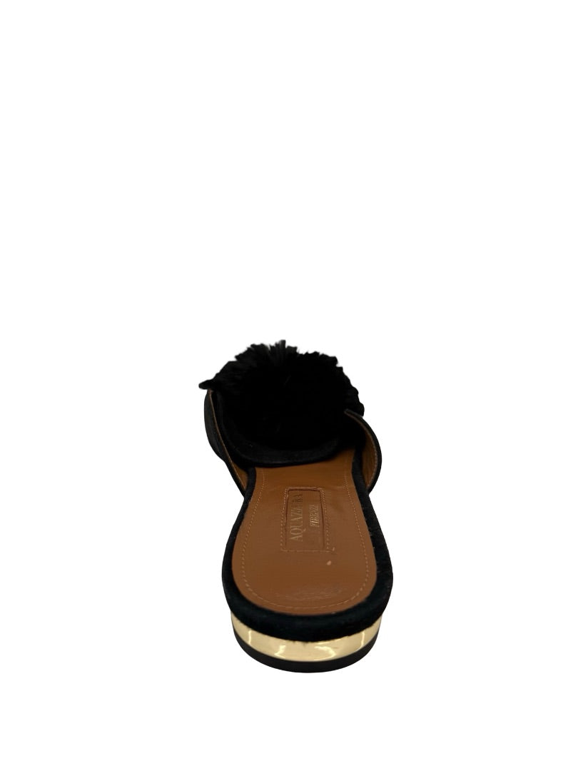 Aquazzura Black Suede 'Powder Puff Pom Pom' Mules. Size: 37