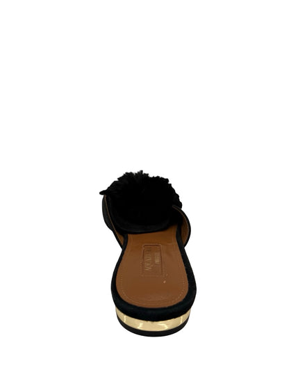 Aquazzura Black Suede 'Powder Puff Pom Pom' Mules. Size: 37