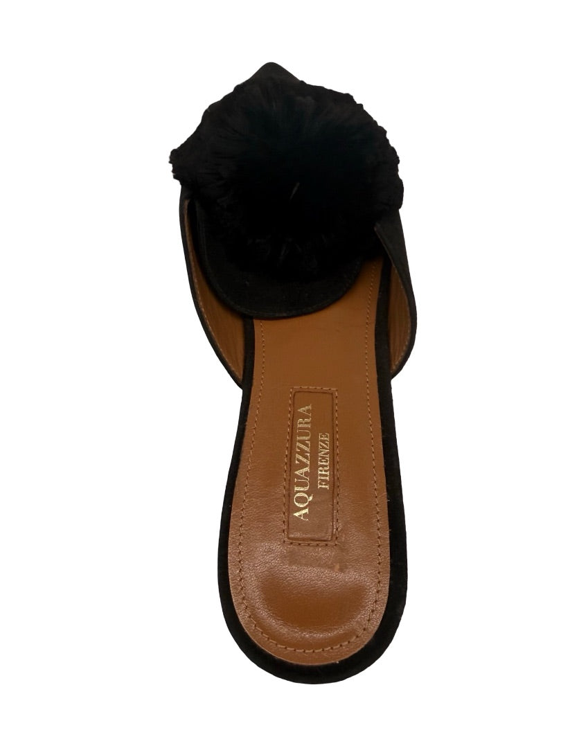 Aquazzura Black Suede 'Powder Puff Pom Pom' Mules. Size: 37