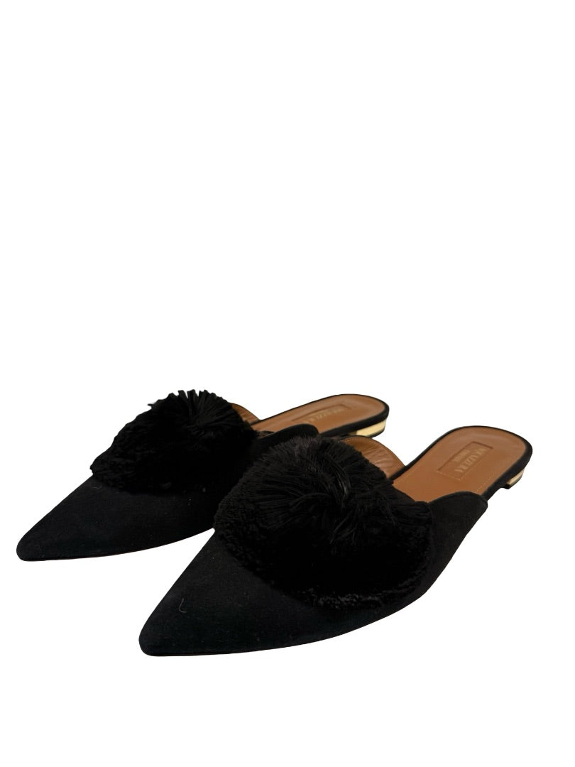 Aquazzura Black Suede 'Powder Puff Pom Pom' Mules. Size: 37