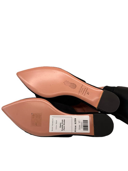 Aquazzura Black Suede 'Powder Puff Pom Pom' Mules. Size: 37