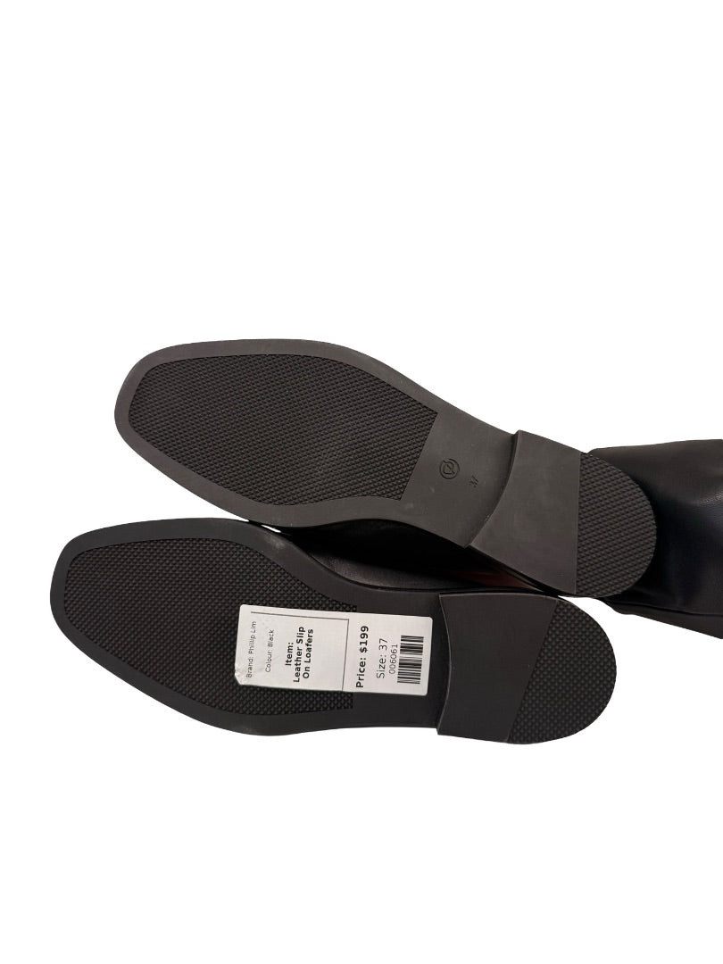 Phillip Lim Black Leather 'Alexa' Slip On Loafers. Size: 37