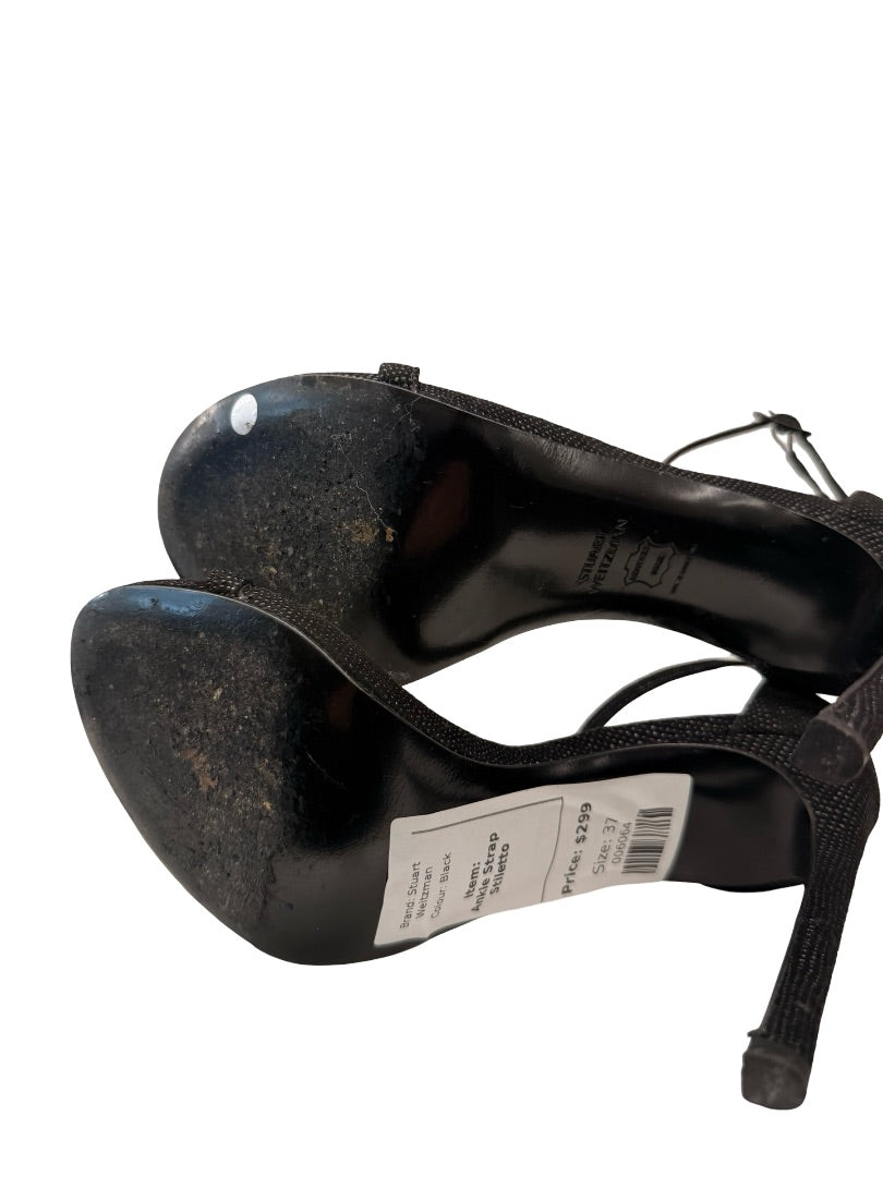 Stuart Weitzman Black Ankle Strap 'Nudist' Stiletto. Size: 37