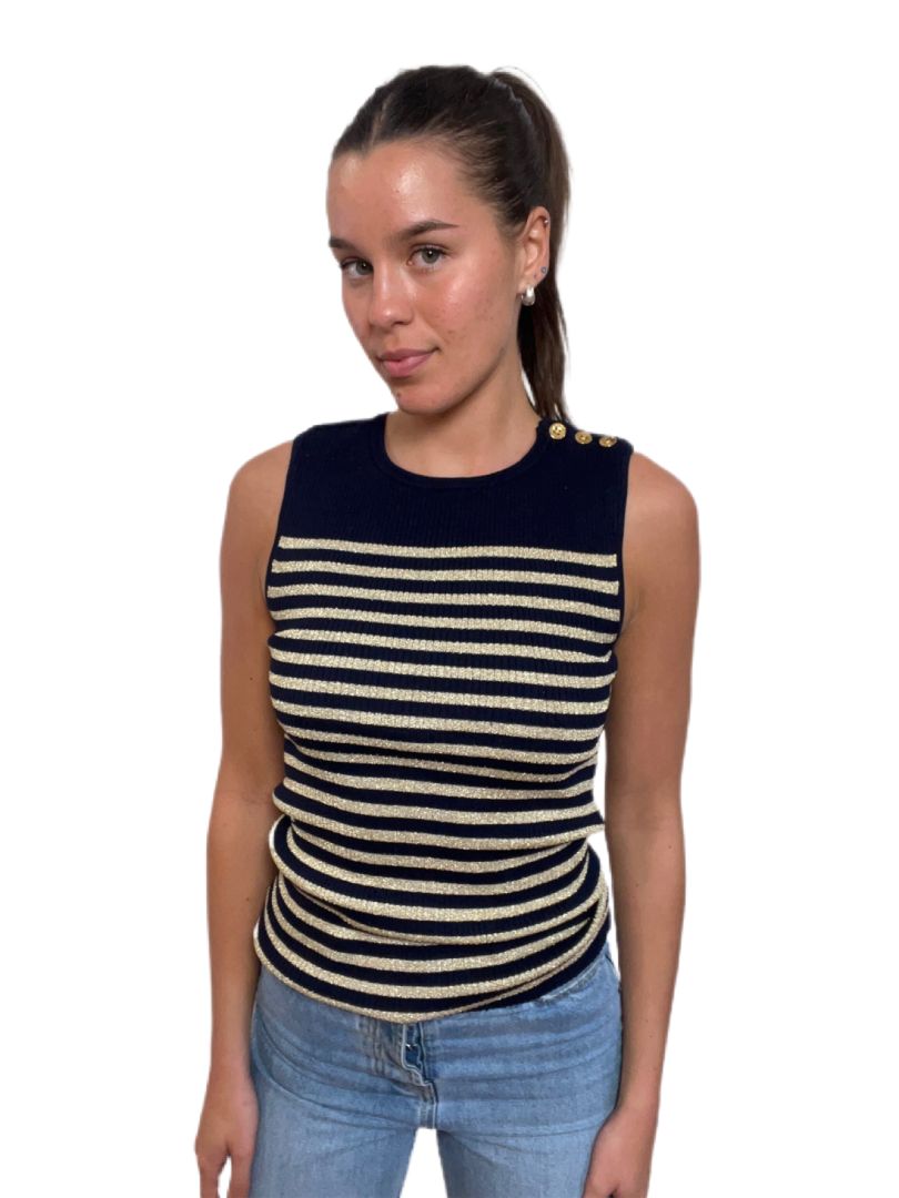 Lauren Ralph Lauren Navy Gold Sleeveless Knit Top Gold Buttons. Size: S
