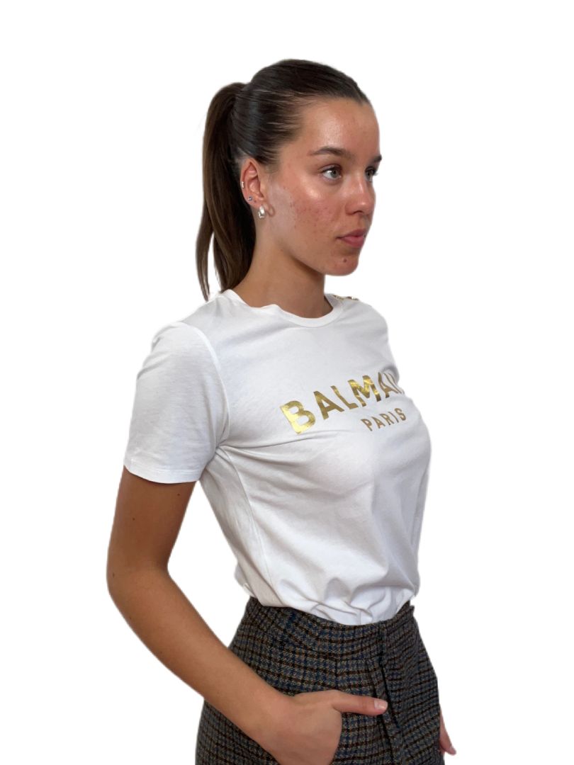 Balmain White T-shirt Gold Buttons & Writing. Size: XS