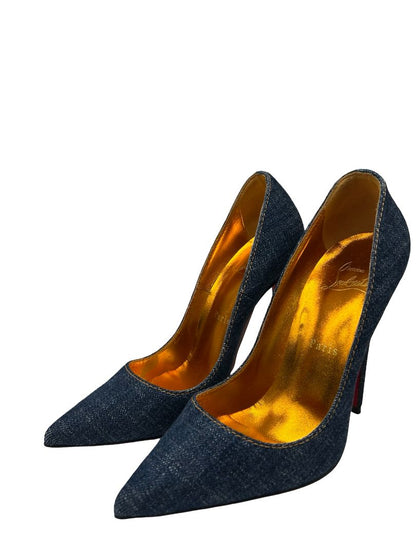 Christian Louboutin Indigo Denim 'So Kate 120' Heels W Gold Insole. Size: 37.5