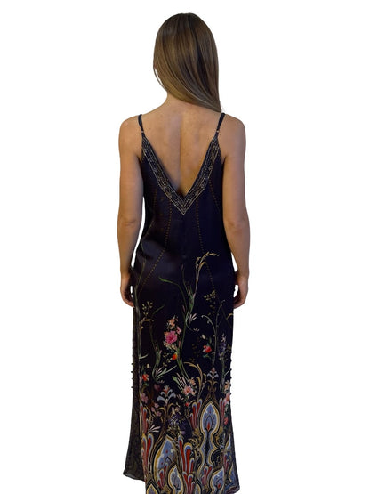 Camilla Navy / Gold Long Godet Slip Dress in Wild Flower. Size: S