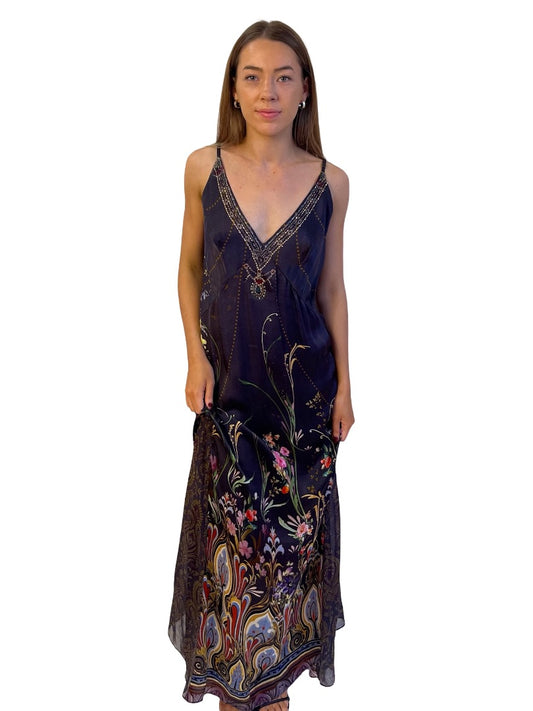 Camilla Navy / Gold Long Godet Slip Dress in Wild Flower. Size: S