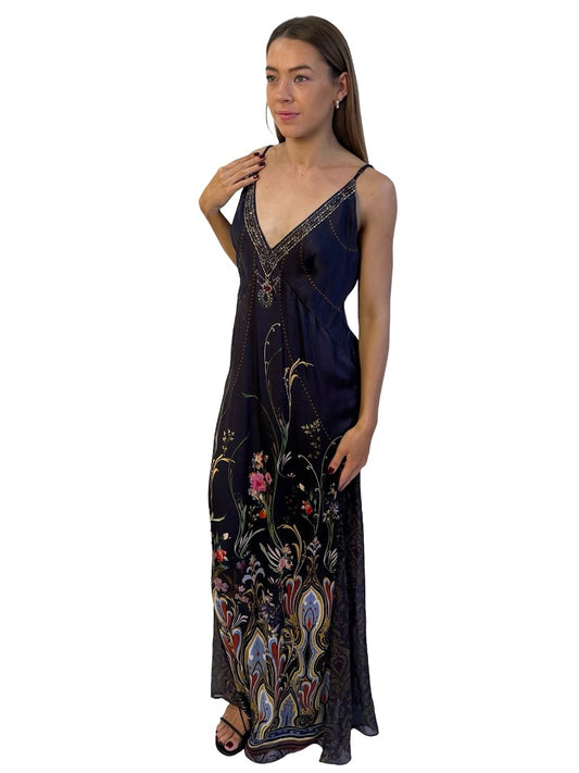 Camilla Navy / Gold Long Godet Slip Dress in Wild Flower. Size: S