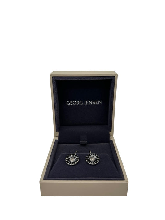 Georg Jensen Black/Silver Enamel Daisy Ear Hook Earrings.