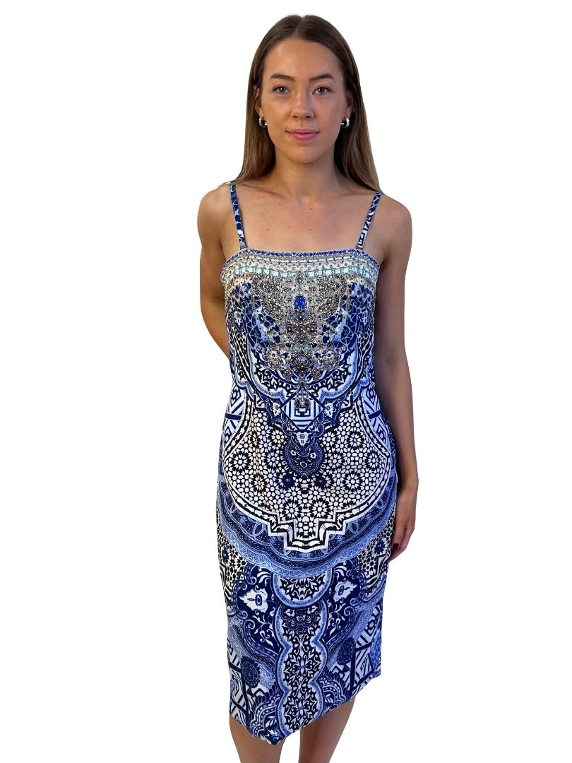 Camilla Blue Print & Embellished Strappy Mini Dress. Size: 10