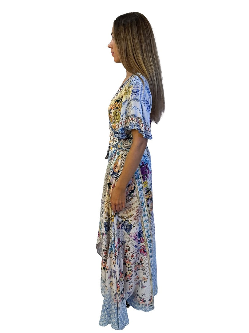 Camilla Blue / Multi-Colour Silk Floral Print Wrap Dress w/ Embellished Trims. Size: M