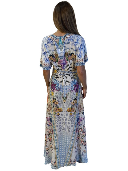 Camilla Blue / Multi-Colour Silk Floral Print Wrap Dress w/ Embellished Trims. Size: M