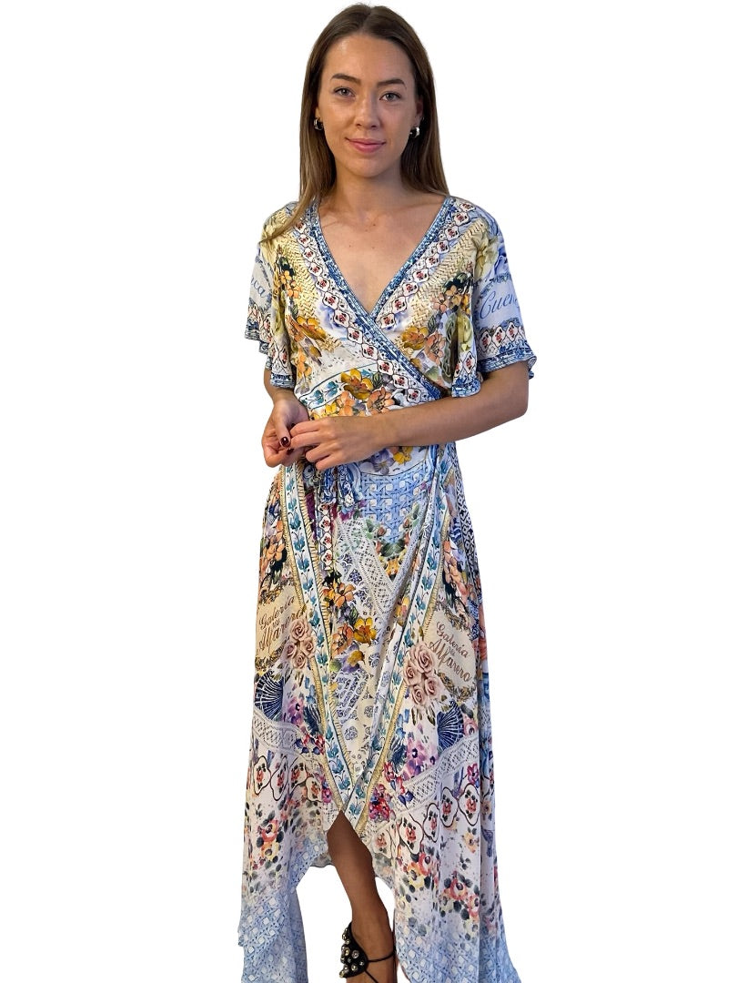 Camilla Blue / Multi-Colour Silk Floral Print Wrap Dress w/ Embellished Trims. Size: M