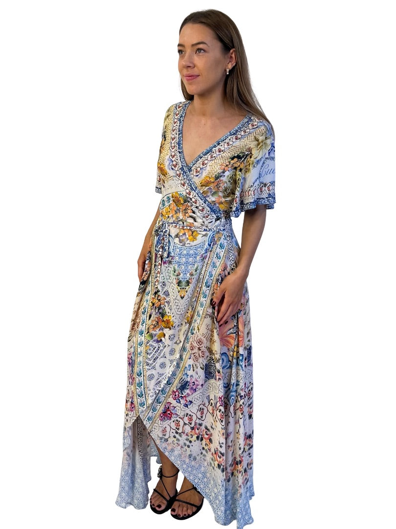 Camilla Blue / Multi-Colour Silk Floral Print Wrap Dress w/ Embellished Trims. Size: M