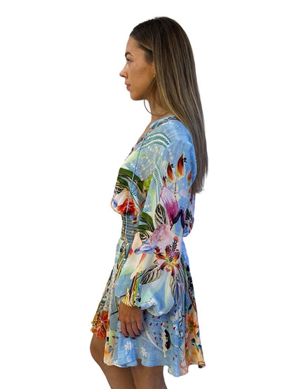Camilla Light Blue / Multi-Colour The Still Abyss Shirred Relaxed Short Dress. Size: S